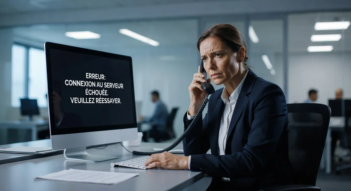 Personne au téléphone montrant de la concentration face à un message d'erreur sur son ordinateur au bureau moderne