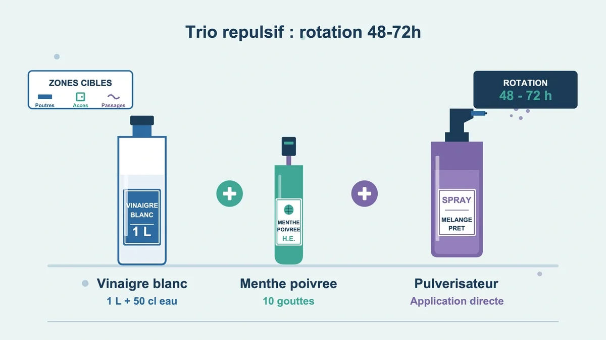Bouteille de vinaigre blanc et flacon d'huile essentielle avec un spray étiqueté pour des applications ciblées