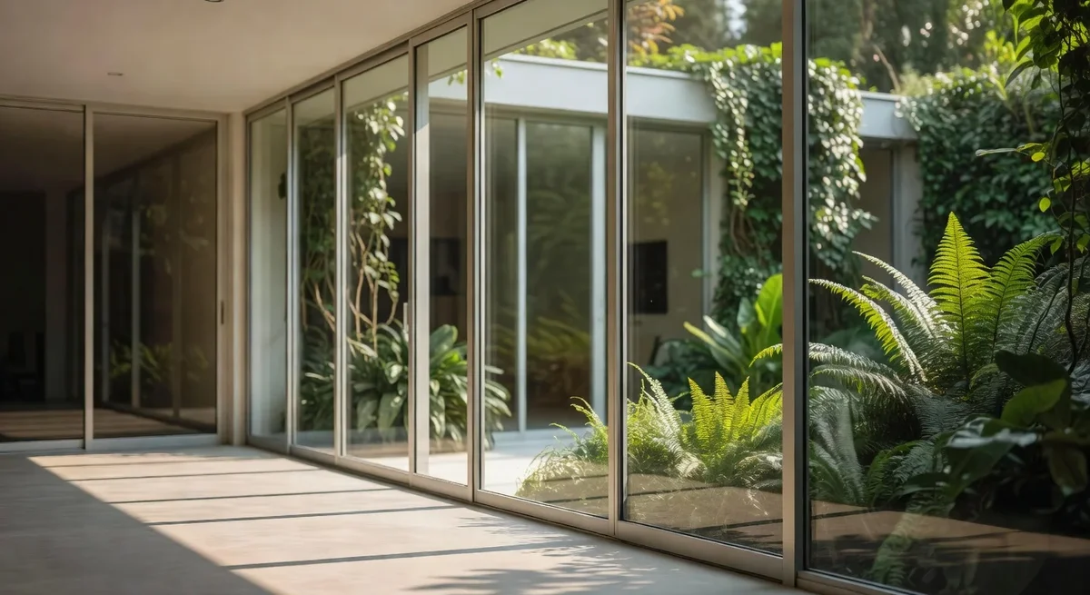 Véranda moderne en aluminium avec grandes fenêtres et lumière naturelle sur un extérieur verdoyant