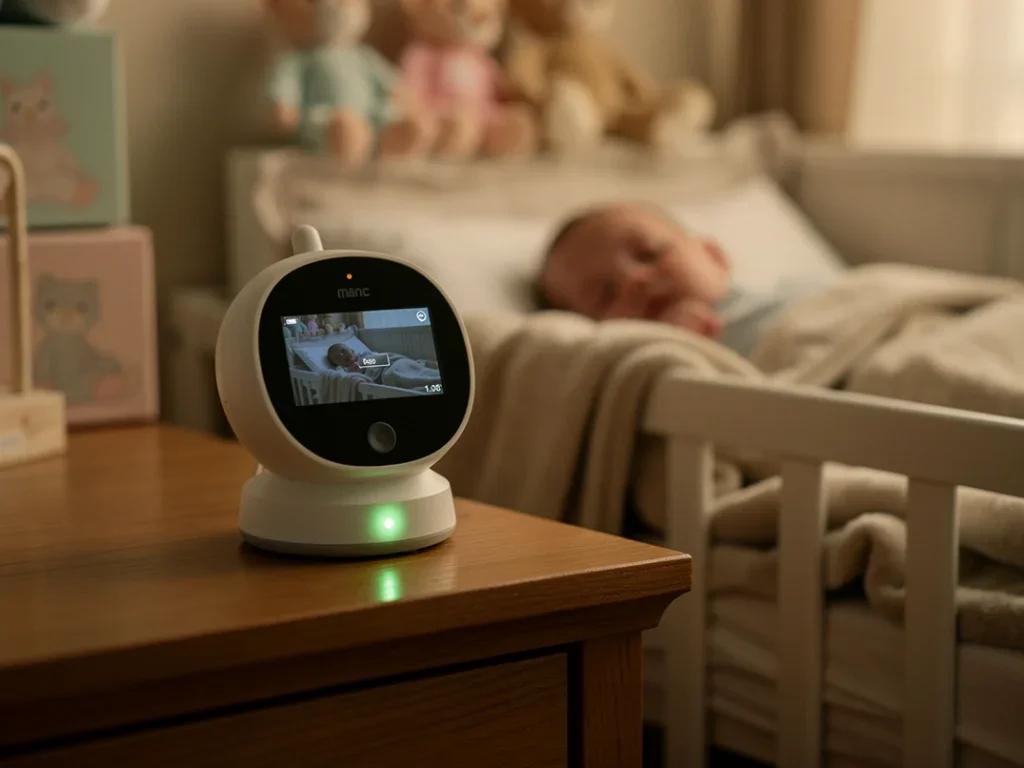 Babyphone sans WiFi dans une chambre d'enfant avec un bébé endormi en arrière-plan et une ambiance douce