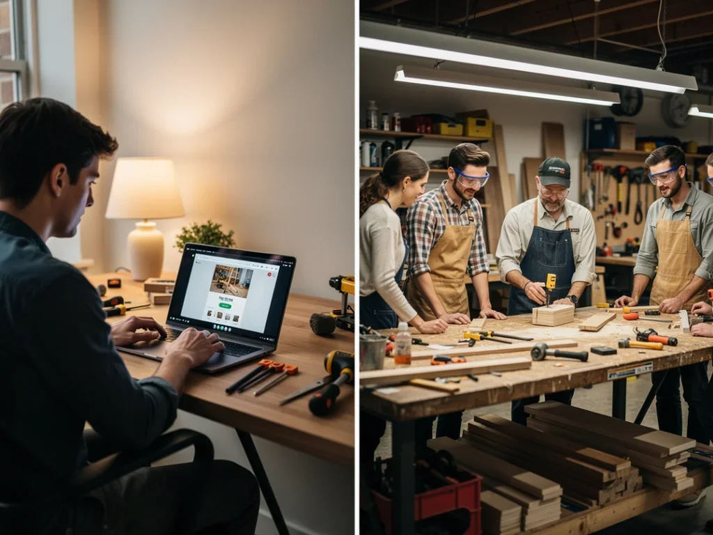 Comparaison entre un cours en ligne de bricolage et un atelier en magasin avec un instructeur